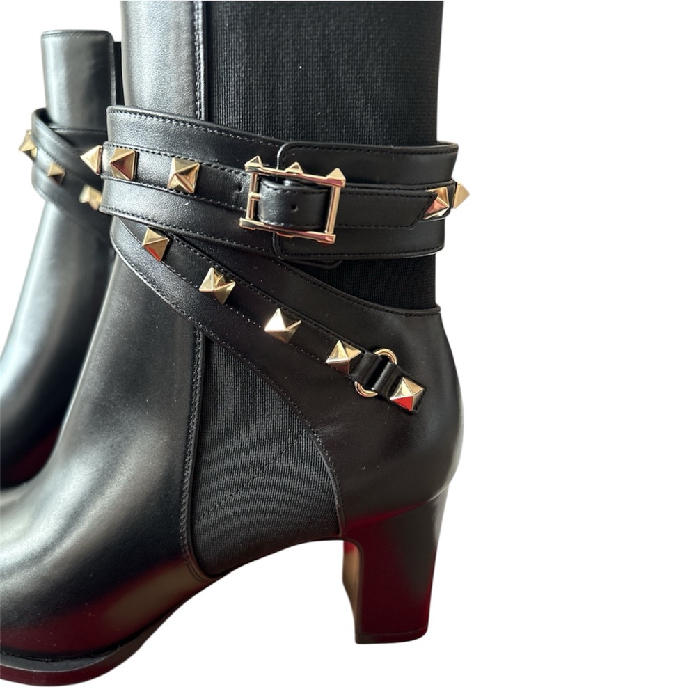 Valentino Rockstud Straps Block Heel Black Leather Ankle Booties Size 36 NWT - Picture 8 of 10